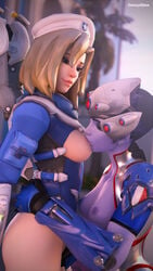 2girls 3d alternate_costume areolae beret blender blizzard_entertainment breast_sucking breasts breasts_out combat_medic_ziegler daintydjinn female female_only highres ilios_(map) mercy nipples overwatch overwatch_2 overwatch_archives summer_games_series tricolore_widowmaker widowmaker yuri