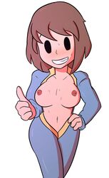 black_eyes blush breasts brown_hair clothed clothing eyebrows fallout itimu jumpsuit large_breasts mob_face navel nipples pale short_hair smile sweat tits vault_girl vault_suit white_background