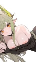 1girls accidental_exposure areola_slip areolae arknights bare_shoulders big_breasts black_dress breasts breasts_out choker cleavage dress elf_ears emotionless exposed_breasts female female_only green_hair highres juejue light-skinned_female long_hair looking_at_viewer lying medium_breasts mole mole_under_eye muelsyse_(arknights) nipple_slip nipples no_bra on_side orange_eyes pointy_ears solo strapless strapless_dress white_background