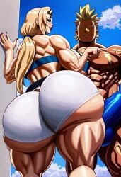 ai_generated all_might all_might_(cosplay) beach_background crossover huge_ass huge_bulge huge_butt hyper_ass male/femalecrossmalehyper my_hero_academia naruto_(series) naruto_shippuden tsunade