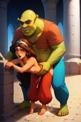 ai_generated aladdin arabian_clothes arabian_female breasts crossover disney disney_princess dreamworks female green_skin hetero interracial intersex interspecies long_hair male male/female ogre princess_jasmine sex sex_from_behind shrek shrek_(series)