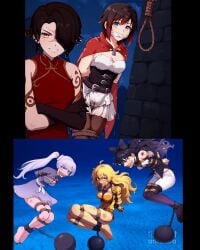 5girls ai_generated arms_tied_behind_back asphyxiation ball_and_chain blake_belladonna bondage cinder_fall defeated defeated_heroine drowning female_domination female_only imminent_death imminent_execution imminent_hanging noose peril reference ruby_rose rwby tape_gag underwater underwater_peril_aladdin weiss_schnee yang_xiao_long