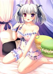 :d absurdres babydoll bed bed_sheet blush breasts cleavage covered_nipples curtains female food full_body hair_ornament heterochromia highres ikegami_akane imouto_no_okage_de_mote_sugite_yabai large_breasts looking_at_viewer macaron navel nipples open_mouth panties pillow purple_eyes red_eyes ribbon-trimmed_underwear ribbon_trim see-through shiratori_kanae sitting smile solo underwear underwear_only wariza white_hair white_panties x_hair_ornament