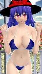 1girls 3d bikini black_hat character_name cleavage clothes_writing hati_yukkuri_mmd iku_nagae large_breasts looking_at_viewer mmd nagae_iku navel outdoors purple_hair red_eyes short_hair solo touhou