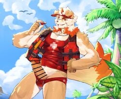 1boy absurdres animal_ears arknights bar_censor bara baseball_cap beach brown_fur bulge censored dog_boy dog_ears feet_out_of_frame first_aid furry furry_male girthy_penis hat highres horns hung_(arknights) large_pectorals large_tail looking_at_viewer male_focus male_swimwear medium_hair midriff_peek multicolored_hair muscular muscular_male navel_hair orange_eyes orange_hair outdoors palm_tree pectoral_cleavage pectorals penis penis_out red_male_swimwear red_tank_top seductive_smile single_horn smile solo standing streaked_hair swim_briefs tail tank_top thick_eyebrows thick_thighs thighs tree two-tone_fur uza_(hellme) whistle whistle_around_neck white_fur white_hair