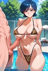 2d ai_generated big_breasts bikini blue_hair day erect_penis highleg leopard_print micro_bikini miki_(viper) outdoors partial_male penis pool short_hair smile tagme viper_(series) viper_ctr