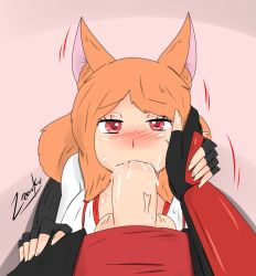 akemi_kurama blush_lines clothed fellatio fox_ears hand_on_face jin_satou on_knees orange_hair original_characters pov red_eyes rwby zronku