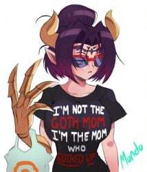 1girls 2024 big_breasts black_hair demon_girl demon_horns digimon digimon_(species) english_text female female_only forehead_mark horns lilithmon looking_away pointy_ears seven_great_demon_lords shopping_bag solo succubus sunglasses supermondobeat t-shirt text text_on_clothing tied_hair