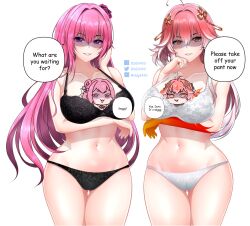 2girls bikini black_bikini changli_(wuthering_waves) cleavage d.d.g dorothy_(nikke) goddess_of_victory:_nikke large_breasts naughty_face navel pink_hair smile thick_thighs white_bikini wuthering_waves