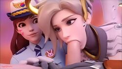 1boy 2girls 3d alternate_costume animated asian blender blizzard_entertainment blonde_hair breasts brown_hair clothing d.va deepthroat erection fellatio female footwear handwear headgear human long_hair male mercy no_sound oral overwatch penis police police_officer_d.va sageofosiris straight uniform video video_games