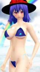 1girls 3d bikini black_hat character_name cleavage clothes_writing hati_yukkuri_mmd iku_nagae large_breasts looking_at_viewer mmd nagae_iku navel outdoors purple_hair red_eyes short_hair solo touhou