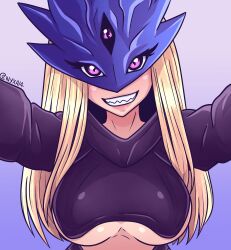 1girls beelstarmon big_breasts blonde_hair close-up digimon digimon_(species) female female_only hi_res long_hair looking_at_viewer mask nyxai outstretched_arms purple_eyes selfie smiling smiling_at_viewer solo teeth_showing third_eye underboob