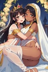 2girls ai_generated armlet ass bangle bindi black_hair blouse blush blushing blushing_at_viewer brown_eyes brown_hair crown dark-skinned_female dark_skin exposed_ass exposed_pussy forehead_jewel gold_jewelry green_eyes hairless_pussy hugging indian indian_clothes indian_female jewelry light-skinned_female light_skin looking_at_viewer necklace presenting presenting_pussy princess pussy royalty saree sari smile smiling smiling_at_viewer tiara veil white_clothing