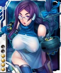 1girls areolae breasts butcha-u curvy dress erect_nipples eroquis female female_only fishnets glasses huge_breasts minobe_enji nipple_bulge nipples no_bra ponytail purple_eyes purple_hair see-through see-through_dress skirt taimanin_asagi_battle_arena taimanin_asagi_battle_arena_all_card_gallery tied_hair