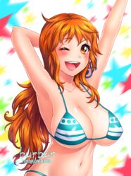 ;d armpits arms_up bangs bikini bikini_top blush breasts brown_eyes burbur cleavage collarbone erect_nipples female female_only large_breasts long_hair looking_at_viewer nami one_eye_closed one_piece open_mouth post-timeskip red_hair smile solo swimsuit tattoo underboob wink