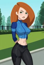 ai_generated arms_behind_back big_breasts cargo_pants civitai green_eyes jeans kim_possible kimberly_ann_possible large_breasts long_hair orange_hair small_waist tight_topwear