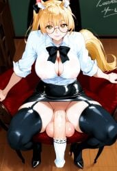 1futa ai_generated animal_ear_fluff animal_ears animal_genitalia_on_humanoid arknights balls bangs black_bow black_footwear black_pencil_skirt black_skirt black_thighhighs blackboard blemishine_(arknights) blonde_hair bow breasts chair cleavage cock_sock full_body full_body_view futanari garter glasses half-rim_glasses high_angle high_angle_view high_heels horse_ears horse_girl horse_penis horse_tail horsecock horsecock_futanari horsecock_on_humanoid huge_balls huge_cock huge_testicles indoors leather_skirt long_hair looking_at_viewer miniskirt nipple_outline nipples_visible_through_clothing pencil_skirt penis_sock ponytail round_balls sagging_balls sagging_testicles secret_ninja semi-erect shiny_balls shiny_testicles shirt short_sleeves sitting smile smooth_balls solo tail testicles thighhighs unbuttoned under-rim_eyewear under-rim_glasses white_blouse yellow_eyes