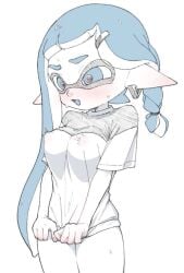 blush bottomless embarrassed hard_nipples inkling inkling_girl nipple_bulge nipples nipples_visible_through_clothing omu_meshi pulling_clothing pulling_shirt_down splatoon