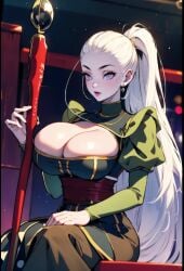 1girls ai_generated ai_generated_background angle bed bedroom big_breasts body_size_growth curvy dragon_ball dragon_ball_super dragon_ball_z female female_only god horny light-skinned_female light_skin lipstick long_hair shy solo solo_female strong sweat sweatdrop thick thick_thighs vados white_hair