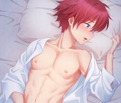 1boy bare_midriff bare_shoulders bed blue_eyes collarbone fire_emblem fire_emblem:_the_binding_blade ham_pon male male_only masturbation midriff naked_shirt nintendo nude nude_male on_back on_bed open_mouth pillow pillow_grab red_hair roy_(fire_emblem) shirt short_hair shoulders skinny solo young