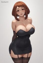 1girls ai_generated alternate_costume artist_name auburn_hair bare_shoulders big_breasts black_clothing black_dress blush boku_no_hero_academia breasts brown_eyes cleavage clothed clothing dress elbow_gloves eyelashes female female_only garter_straps gloves hips hourglass_figure human iknowkungfu42 large_breasts light-skinned_female light_skin lips looking_at_viewer miniskirt mommy my_hero_academia ochako_uraraka parted_lips short_hair short_skirt sidelocks simple_background smile solo stockings strapless thick_thighs thighhighs thighs white_background wide_hips zettai_ryouiki