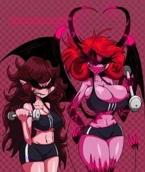 2girls black_sclera breasts brown_hair demon_girl friday_night_funkin girly gym_clothes huge_breasts jmcchannel meme nightmare_of_the_mushroom_kingdom red_hair short_hair shorts succubus weights