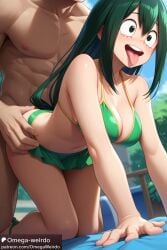 ai_generated asui_tsuyu big_eyes bikini boku_no_hero_academia candy_senpai doggy_style frog_girl grabbing_from_behind green_eyes green_hair my_hero_academia omega-weirdo outside_sex patreon smile tongue_out tsuyu_asui