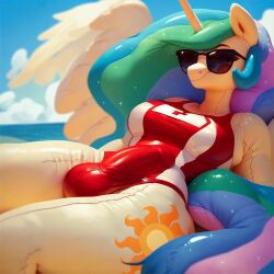 1futa ai_generated beach bulge casual_bulge casual_erection casual_exposre futanari health_symbol lifeguard living_inflatable my_little_pony princess_celestia_(mlp) smiling sunglasses swimsuit