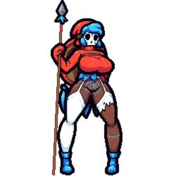 blue_hair bodypaint boots bottomless casual_exposure clothed clothing dark_skin female female_only hood mario_(series) mask masked nintendo nsfwoaf pixel_art rule_63 shield shy_gal solo spear spear_guy thighhighs torn_clothes torn_thighhighs transparent_background vagina war_paint weapon yoshi's_island