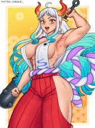 1girls abs amber_eyes ass big_breasts blue_hair cheekie0 clothing female female_only hakama horns japanese_clothes kanabou muscular muscular_female one_piece oni oni_female tight_clothing white_hair yamato_(one_piece) youkai