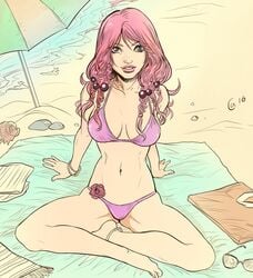 1girls artist_request beach bikini female female_only fully_clothed jojo's_bizarre_adventure jojolion looking_at_viewer pink_hair solo yasuho_hirose