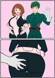 1boy 1girls aged_up big_ass boku_no_hero_academia chubby_female deku groping happy hero_outfit_(mha) huge_ass huge_breasts izuku_midoriya midoriya_izuku my_hero_academia ochako_uraraka sexual_consent smile spanking