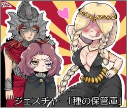 1boy 2girls annoyed annoyed_expression annoyed_face big_breasts brother_and_sister cleavage elden_ring female fromsoftware funny huge_breasts humor melina_(elden_ring) messmer_the_impaler milf mother mother_and_daughter mother_and_son nobishiro queen_marika_the_eternal shadow_of_the_erdtree siblings tongue_out