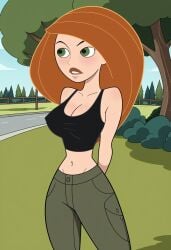 ai_generated arms_behind_back big_breasts cargo_pants civitai green_eyes kim_possible kimberly_ann_possible large_breasts long_hair orange_hair small_waist tank_top tanktop