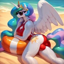 1futa ai_generated beach bulge casual_bulge casual_erection futanari herm intersex lifeguard living_inflatable multicolored_hair multicolored_tail my_little_pony princess_celestia_(mlp) rubber_creature rubber_futanari rubber_mare rubber_pony sunglasses swimsuit