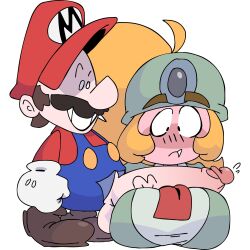 1boy 1girls big_penis blonde_hair breasts clothing duo erection facial_hair female goomba goombella huge_cock human humanoid lesorgnsfw looking_at_penis male mario mario_(series) moustache nintendo paper_mario paper_mario:_the_thousand-year_door penis smile straight