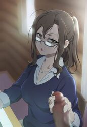 bags_under_eyes brown_eyes brown_hair censored clothing female glasses handjob indoors kouzuki_sanae lipstick looking_at_viewer makeup mosaic_censoring mushiro_(nijie728995) parted_lips penis ponytail sakura_quest semi-rimless_glasses sitting under-rim_glasses