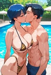 1boy 1girls 2d ai_generated big_breasts bikini blue_hair day half-closed_eyes highleg kissing kissing leopard_print micro_bikini miki_(viper) outdoors pool short_hair tagme viper_(series) viper_ctr