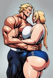 ai_generated all_might all_might_(cosplay) beach_background crossover huge_ass huge_bulge huge_butt hyper hyper_ass male male/female my_hero_academia naruto_(series) naruto_shippuden tsunade