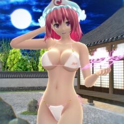 1girls 3d arm_behind_head blue_hat character_name cleavage clothes_writing hati_yukkuri_mmd large_breasts looking_at_viewer mmd mob_cap navel outdoors pink_eyes pink_hair saigyouji_yuyuko short_hair solo touhou triangular_headpiece white_bikini yuyuko_saigyouji