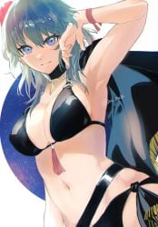 1girls armpits bikini black_bikini black_cape black_swimsuit blue_eyes blue_hair breasts byleth_(female)_(fire_emblem) byleth_(female)_(summer)_(fire_emblem) byleth_(fire_emblem) byleth_(fire_emblem)_(female) cape cleavage closed_mouth female female_only fire_emblem fire_emblem:_three_houses fire_emblem_heroes flower hair_between_eyes hair_flower hair_ornament hibiscus highres large_breasts long_hair looking_at_viewer mocha_(motiko0419) navel nintendo official_alternate_costume red_flower smile solo swimsuit twitter_username