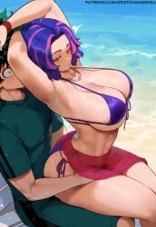 1boy 1girls ai_generated armpits arms_up beach big_breasts bikini caress curvy erotic_nansensu female hand_on_another's_thigh hand_under_clothes izuku_midoriya lady_nagant male multicolored_hair my_hero_academia older_female presenting_armpit sarong sitting_on_lap sitting_on_person thick_thighs wip