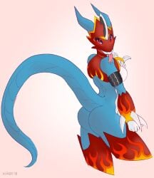 1girls ass bandai_namco blue_body breasts digimon female female_only flamedramon kiit0s medium_breasts red_eyes scalie tail tongue tongue_out