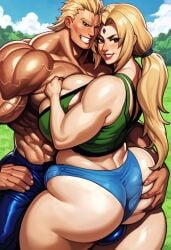 ai_generated all_might all_might_(cosplay) beach_background crossover huge_ass huge_bulge huge_butt hyper_ass male/femalecrossmalehyper my_hero_academia naruto_(series) naruto_shippuden tsunade