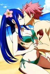 1boy 1girls aged_up alternate_breast_size beach bikini blue_hair breast_grab closed_eyes couple fairy_tail female flower_in_hair grabbing_another's_breast hot kissing male medium_breasts natsu_dragneel romantic wendy_marvell