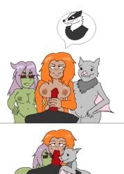 1boy 2_panel_comic 2koma 3girls animal_genitalia badger bat_girl black_fur collaborative_fellatio fellatio furry goblin goblin_female grey_fur licking_penis monkey_girl ms_paint orange_fur red_rocket self_upload sucking_balls wings