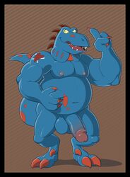 anthro anti_dev balls biceps big_penis biped black_border blue_balls blue_skin border claws dinosaur half-erect hi_res humanoid_penis kung_fu_dino_posse male male_only musclegut muscular muscular_male nipples nude overweight penis reptile scalie simple_background skrap_(kfdp) solo standing thick_penis toe_claws