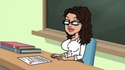 animated big_breasts blackboard blouse cleavage curly_hair fondling_breast fugget_about_it glasses high_heels horny horny_female lingerie screencap shirt teacher undressing undressing_self