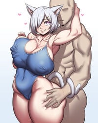 1boy 1girls abs animal_ears belly big_ass blue_eyes breast_grab breasts cat_ears cat_tail curvy female from_behind gray_hair hair_over_one_eye hamakaze_(kantai_collection) hand_on_ass heart heart-shaped_pupils huge_breasts kantai_collection muscle natedecock one-piece_swimsuit one_piece_swimsuit parted_lips short_hair silver_hair smile straight swimsuit symbol-shaped_pupils tail tail_wrap thick_thighs wide_hips