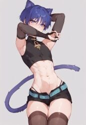 1boy ai_generated cat_boy cat_ears cat_tail catboy earrings femboy genshin_impact jewelry legendaer male male_only necklace otoko_no_ko otokonoko purple_eyes purple_hair scaramouche_(genshin_impact) shorts stockings tagme tail tight_clothing trap